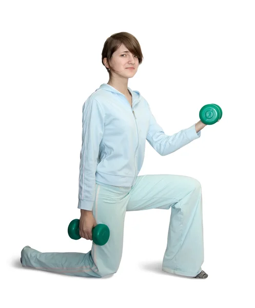 Fille en bleu vêtements de gym avec haltère — Photo
