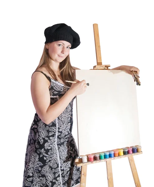 Woman near blank canvas — Stock Photo, Image