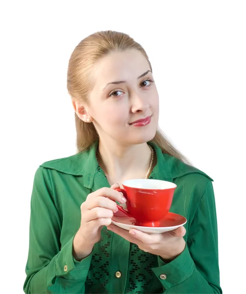 Дівчина з червоною чашкою — стокове фото