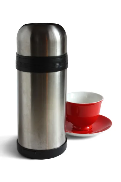Xícara de chá e garrafa térmica. Isolados — Fotografia de Stock