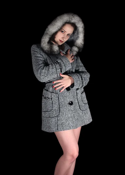 Portrait of sexy woman in gray coat — Stock Photo, Image