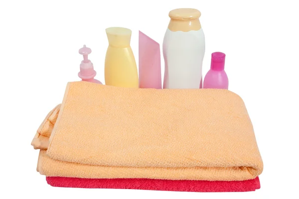 Προϊόντα μπάνιου με ροζ πετσέτα — Φωτογραφία Αρχείου