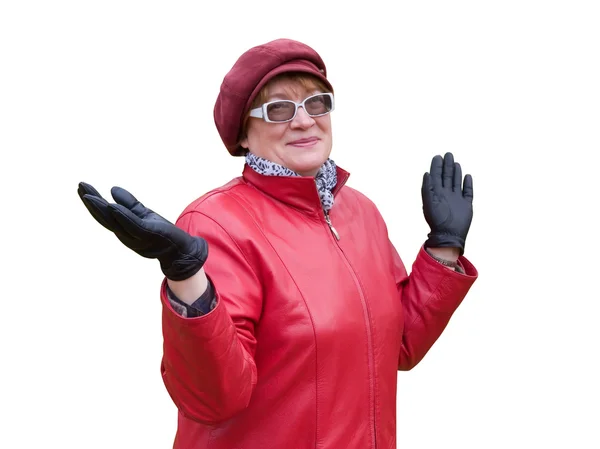 Smiling old lady in red — Stock Photo, Image
