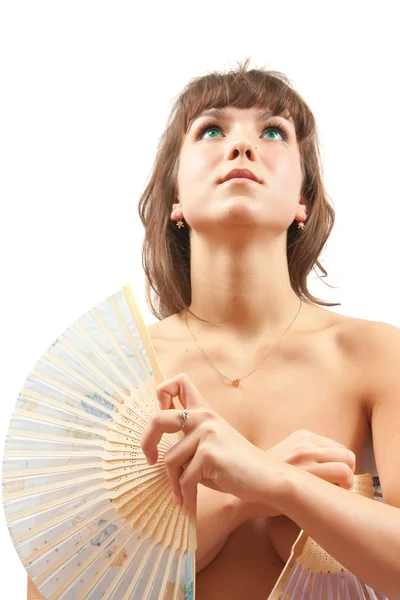 Chica romántica con un ventilador —  Fotos de Stock