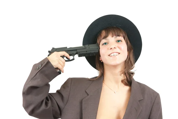 Bilde av en vakker jente med pistol. . – stockfoto