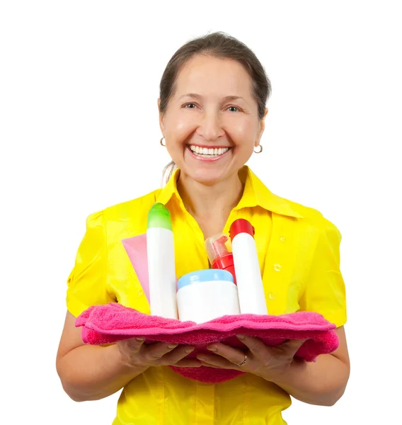 Mulheres sorridentes com produtos de higiene pessoal — Fotografia de Stock