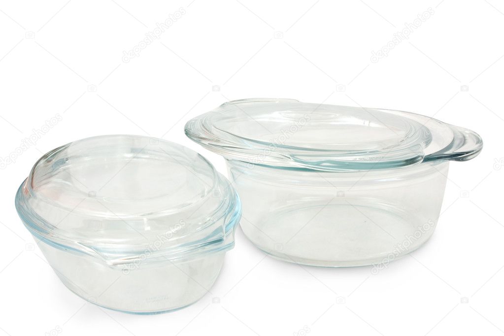A set of two glass saucepans