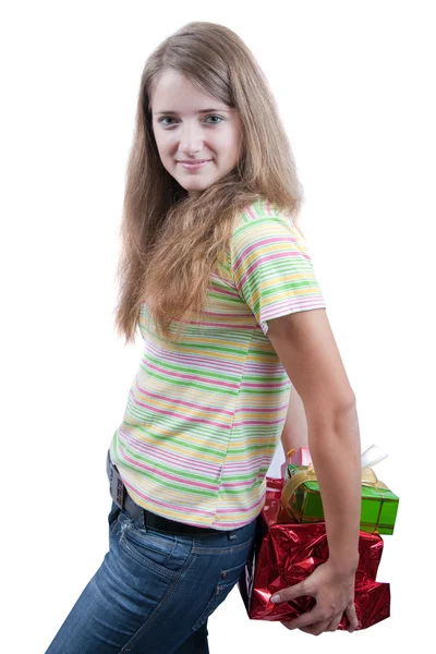 Ομορφιά κορίτσι με τα δώρα Χριστουγέννων πάνω wh — Φωτογραφία Αρχείου