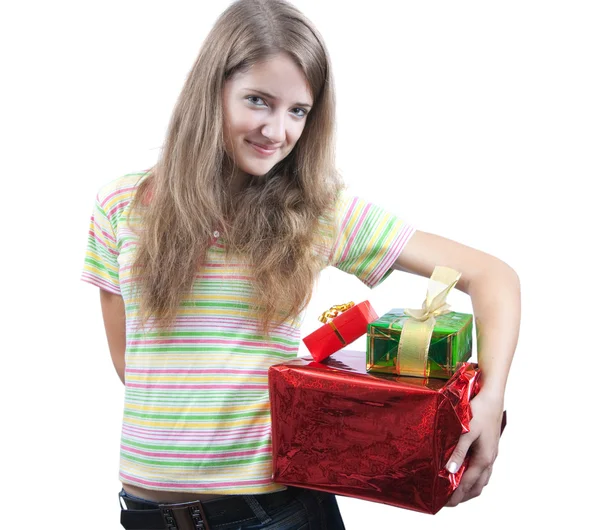 Beauty girl with christmas gifts over wh — Stock Photo, Image
