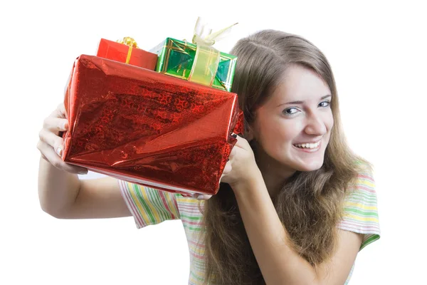 Beauty girl with christmas gifts over wh — Stock Photo, Image