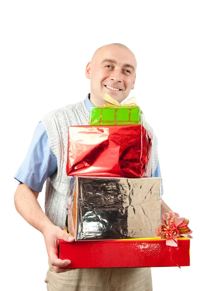 Adult men with christmas gifts over whit — Stock Photo, Image