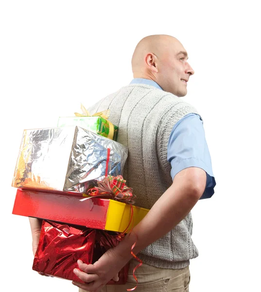 Adult men with christmas gifts over whit — Stock Photo, Image