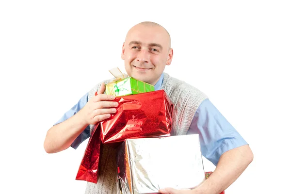 Χαμογελώντας άνδρες κατέχουν χρωματιστά γιορτινό κουτί Φωτογραφία Αρχείου