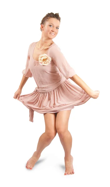 Disko menina em vestido de seda de luxo sobre whi — Fotografia de Stock