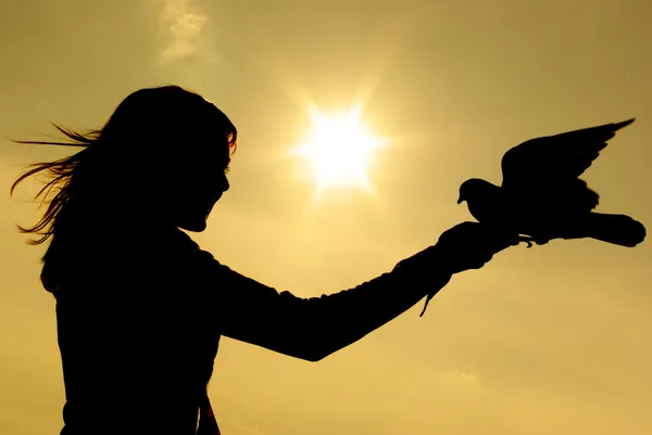 Girl and pigeon — Stock Photo, Image