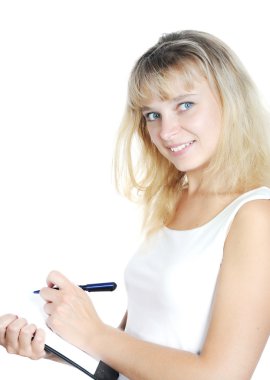 Beautiful woman holding empty white pap clipart