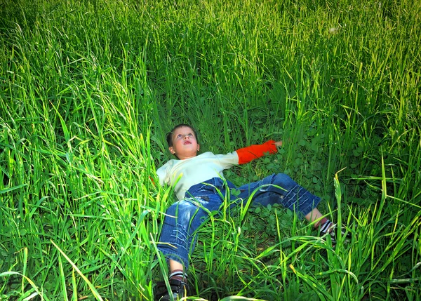 Felice giovane ragazzo riposa su erbe e drea — Foto Stock