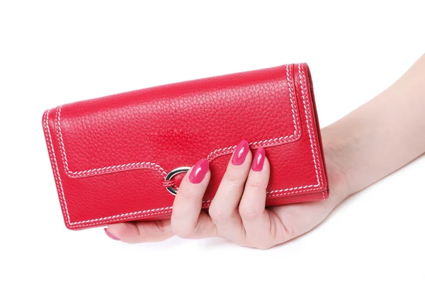 Mão com bolsa vermelha feminina — Fotografia de Stock