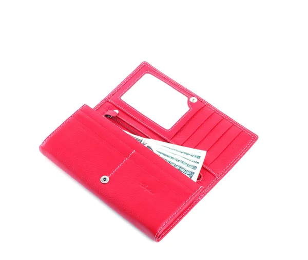 Open purse feminine red with money 3 — Stock Photo, Image