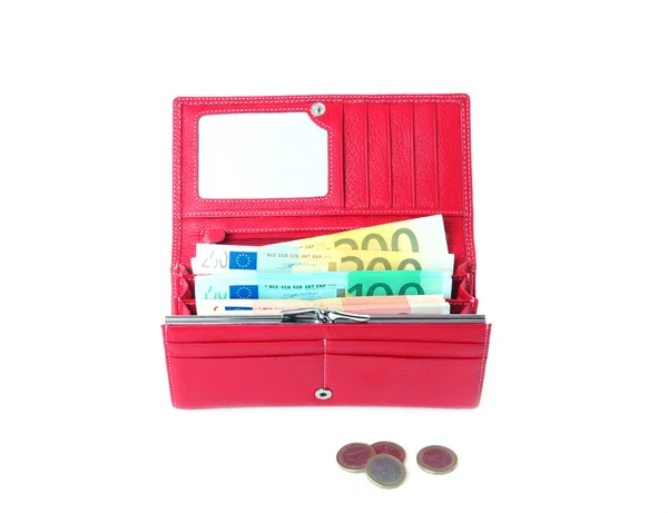 Open portemonnee vrouwelijke rood met geld — Stockfoto