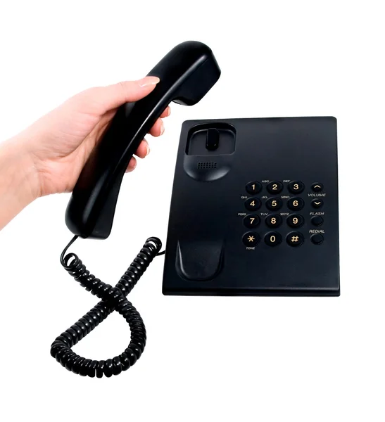 Telefon cseng a fehér segítségével emberi kéz — Stock Fotó