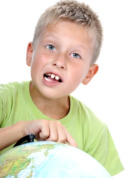 Schoolboy with earth globe — Stock Photo, Image
