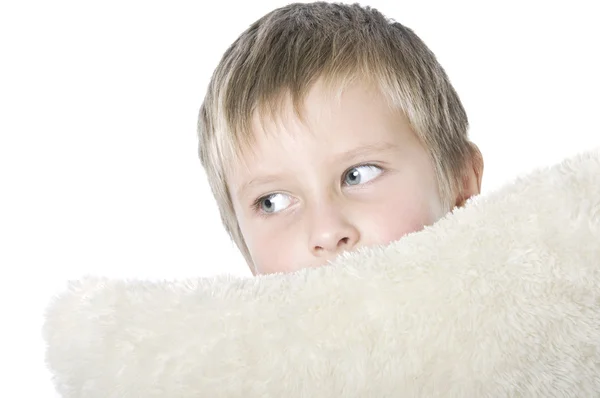Portrait of boy with pillow — Stock Photo, Image