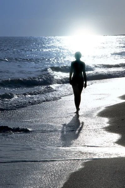 Zachodem słońca na morzu i dziewczyna — Zdjęcie stockowe