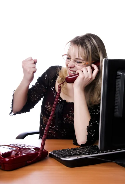 Mujer trabajando y respondiendo llamadas —  Fotos de Stock
