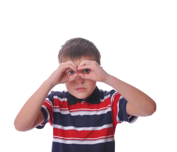 Small boy model holding hands binoculars — Stock Photo, Image