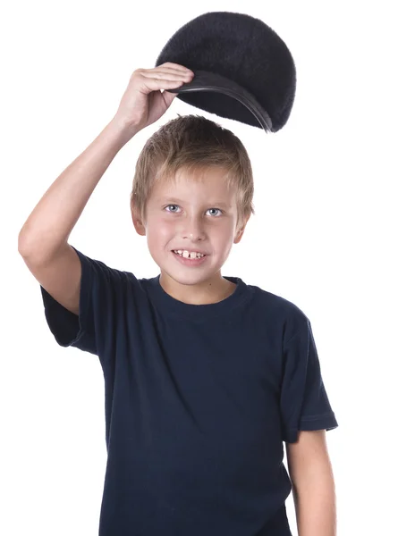 Chłopiec kaukaski sobie cap piłkę — Zdjęcie stockowe