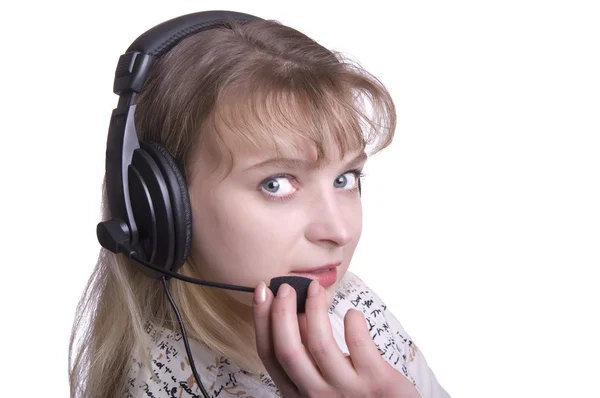 Face of young woman with headset — Stock Photo, Image