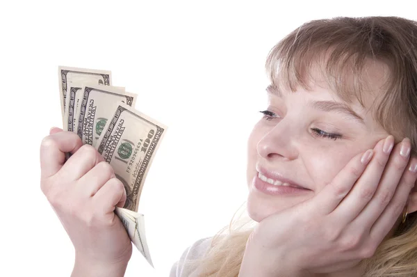 Beautiful young woman holding money — Stock Photo, Image