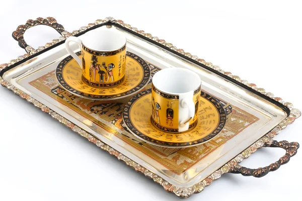 Silver tray with coffee cups — Stock Photo, Image