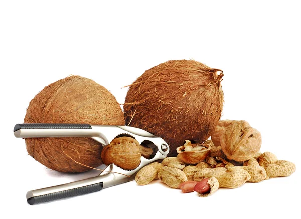 Kokosnüsse, Erdnüsse und Walnüsse isoliert auf — Stockfoto