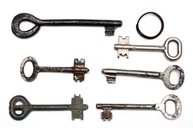 Six old rusty keys and keyring clipart