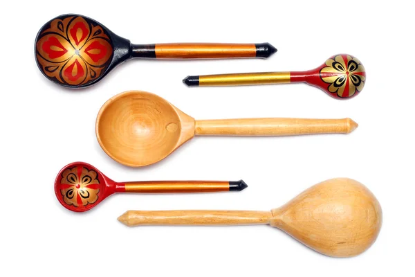 Set of five russian wooden spoones — стокове фото