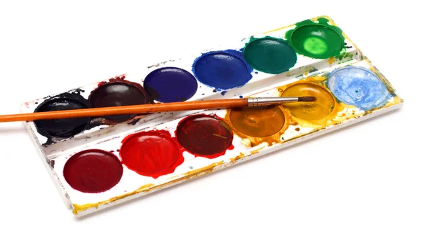 Set of water-colour paints and brush — Stock Photo, Image