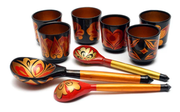 Set of russian wooden spoons and cups — Stock Photo, Image