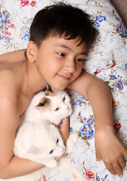 Šťastný chlapec s kočkami — Stock fotografie