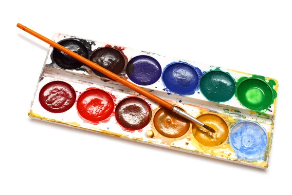 Set of water-colour paints and brush — Stock Photo, Image
