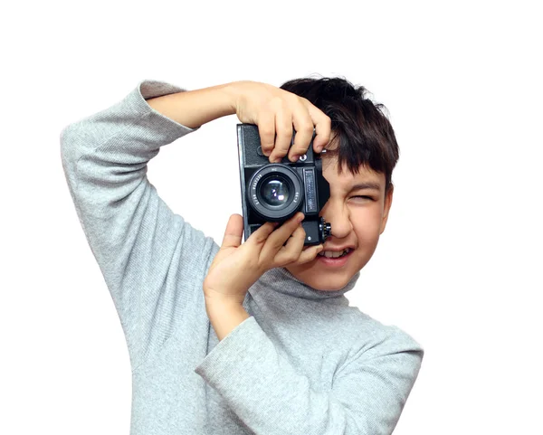 Boy photographing vertical with black sl — Stock Photo, Image