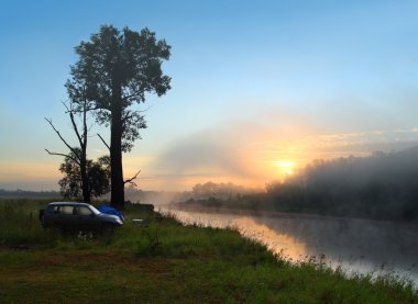 Fog sunrise on the river clipart