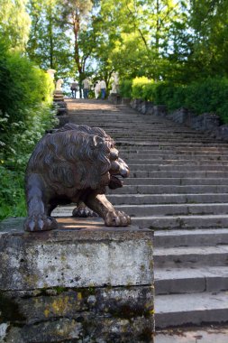 Lion sculpture on stairs clipart