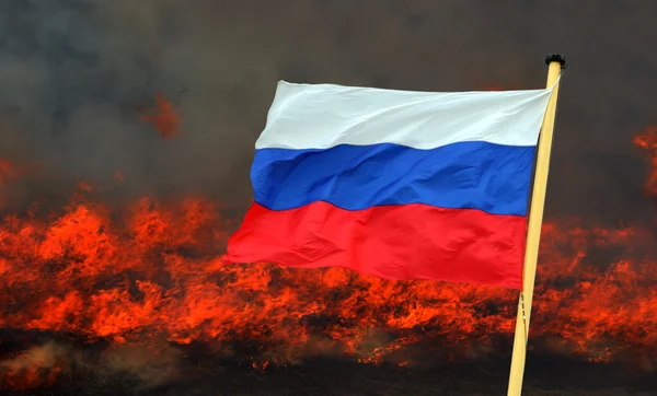 Russian flag on fire background — Stock Photo, Image