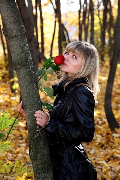 Mädchen mit Rose im Herbstpark — Stockfoto