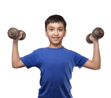 Similing boy exercise with dumbbells clipart