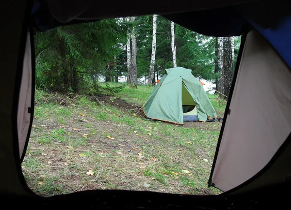 露营-视图从帐篷 — 图库照片