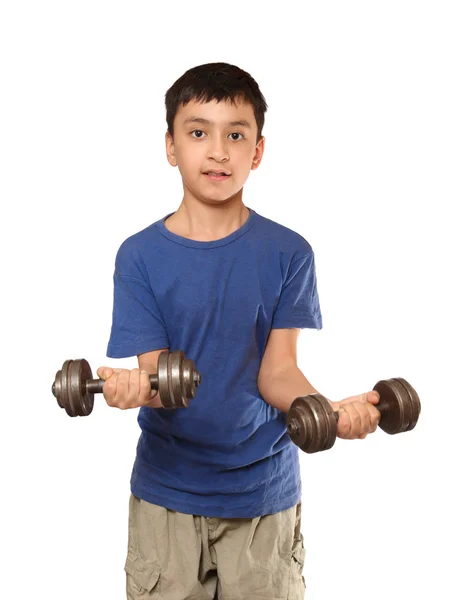 Boy exercise with dumbbells — Stock Photo, Image