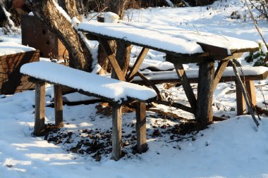 Benches and table in winter garden clipart